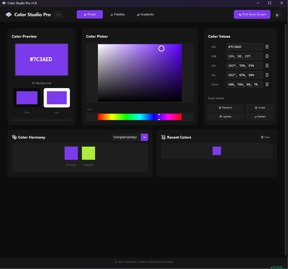 Color Studio Pro Main Interface - Professional color picker tool showing color wheel and format options